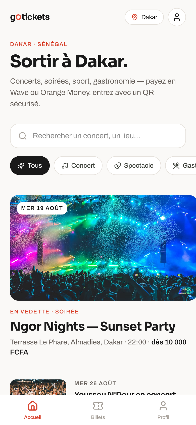 App client GoTickets : découverte des événements à Dakar